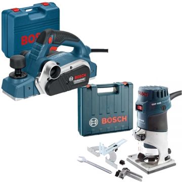 Bosch  GHO 26-82 D + GKF 600 - Rindea electrica 710 W 82 mm valiza plastic + Masina de frezat 600 W 6 8 mm valiza plastic