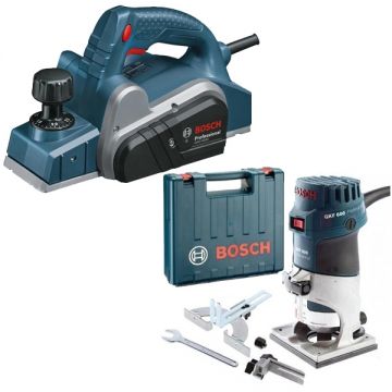 Bosch  GHO 6500 + GKF 600 - Rindea electrica 650 W 82 mm + Masina de frezat 600 W 6 8 mm valiza plastic