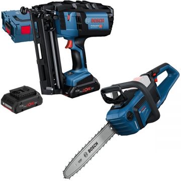 Bosch  GNH 18V-64 M + GKE 18V-40 - Pistol de batut cuie cu 2 acumulatori Li-Ion 18 V 4 Ah cuie pentru lemn valiza speciala + Drujba 40 cm 12.4 m/s