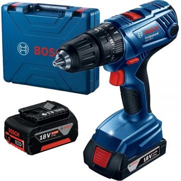 Bosch  GSB 180-LI + GBA - Masina de gaurit si insurubat cu percutie cu 1 acumulator Li-Ion 18 V 2 Ah 54 Nm valiza plastic + Acumulator Li-Ion 18 V 5 Ah