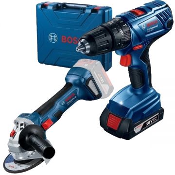 Bosch  GSB 180-LI + GWS 180-LI - Masina de gaurit si insurubat cu percutie cu 1 acumulator Li-Ion 18 V 2 Ah 54 Nm valiza plastic + Polizor unghiular 125 mm