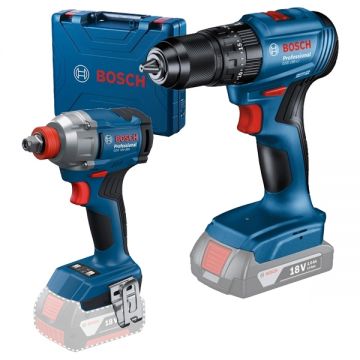 Bosch  GSB 185-LI + GDX 18V-285 - Masina de gaurit si insurubat cu percutie fara acumulatori si incarcator Li-Ion 18 V - Ah 50 Nm valiza plastic + Masina de insurubat cu impact fara acumulatori si incarcator Li-Ion 18 V - Ah patrat 1/2 inch si hexagon in
