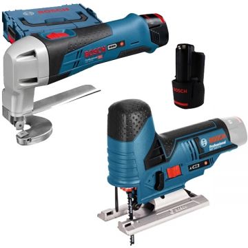 Bosch  GSC 12V-13 + GST 12V-70 - Masina de taiat tabla cu 2 acumulatori Li-Ion 12 V 2 Ah 1.3 mm valiza speciala + Fierastrau pendular
