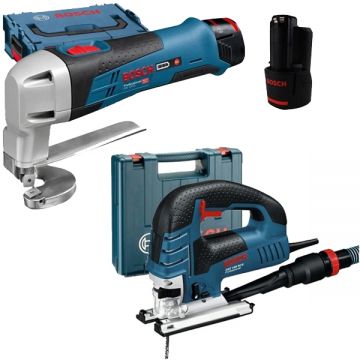 Bosch  GSC 12V-13 + GST 150 BCE - Masina de taiat tabla cu 2 acumulatori Li-Ion 12 V 2 Ah 1.3 mm valiza speciala + Fierastrau pendular 780 W valiza plastic