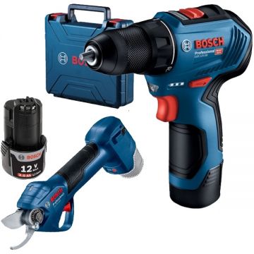 Bosch  GSR 12V-30 + Pro Pruner - Masina de gaurit si insurubat cu 2 acumulatori Li-Ion 12 V 2 Ah 30 Nm valiza plastic + Foarfeca de gradina pentru crengi 25 mm