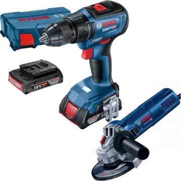 Bosch  GSR 18V-50 + GWS 9-125 S - Masina de gaurit si insurubat cu 2 acumulatori Li-Ion 18 V 2 Ah 50 Nm valiza plastic + Polizor unghiular cu fir 900 W 125 mm
