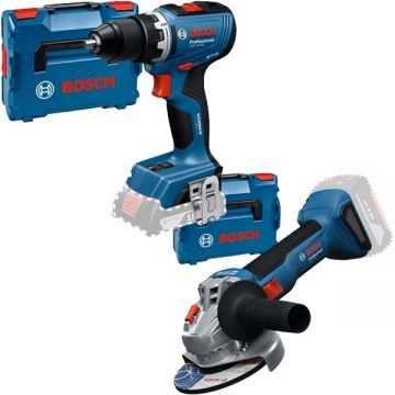 Bosch  GSR 18V-65 + GWS 18V-8 - Masina de gaurit si insurubat fara acumulatori si incarcator Li-Ion 18 V - Ah 65 Nm valiza speciala + Polizor unghiular 125 mm valiza speciala