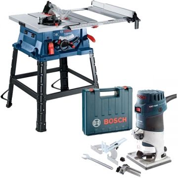 Bosch  GTS 254 + GKF 600 - Fierastrau circular de masa 1800 W 254 mm + Masina de frezat 600 W 6 8 mm valiza plastic