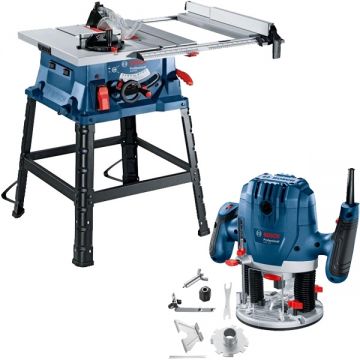 Bosch  GTS 254 + GOF 130 - Fierastrau circular de masa 1800 W 254 mm + Masina de frezat 1300 W 6 8 mm accesorii