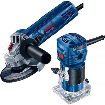 Bosch  GWS 9-125 S + GKF 550 - Polizor unghiular cu fir 900 W 125 mm + Masina de frezat 550 W 6 mm