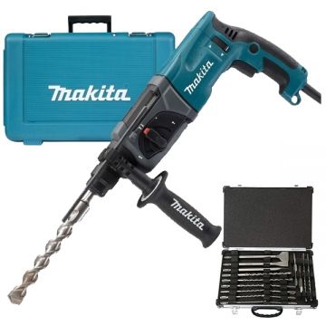 Makita  HR2470 + D-42444 - Rotopercutor SDS-Plus 780 W 2.4 J valiza plastic + Set SDS-Plus 12 burghie 5 dalti cutie metal