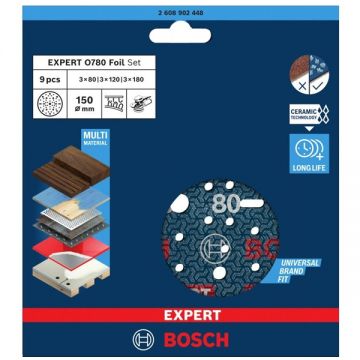 Bosch  EXPERT O780 - Set foi abrazive rotunde 150 mm granulatie mixta 49 gauri 9 bucati