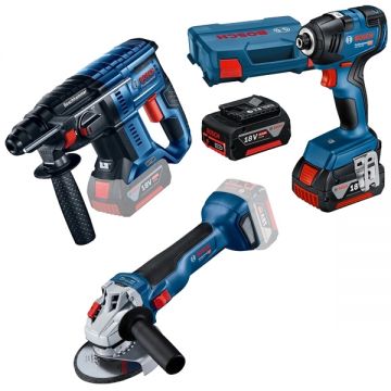 Bosch  GBH 180-LI + GDR 18V-200 + GWS 18V-10 - Rotopercutor SDS-Plus 2 J + Masina de insurubat cu impact 200 Nm M6-M16 valiza speciala + Polizor unghiular 125 mm + Set 2 acumulatori si incarcator Li-Ion 18 V 4 Ah