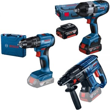 Bosch  GBH 180-LI + GDS 18V-1000 + GSB 185-LI - Rotopercutor SDS-Plus 2 J + Masina de insurubat cu impact patrat 1/2 inch 1000 Nm M14-M24 valiza speciala + Masina de gaurit si insurubat cu percutie 50 Nm valiza plastic + Set 2 acumulatori si incarcator L