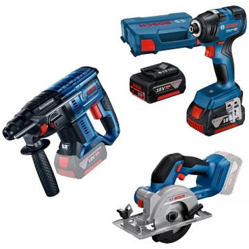 Bosch  GBH 180-LI + GKS 18V-51 + GDR 18V-200 - Rotopercutor SDS-Plus 2 J + Fierastrau circular 140x20 mm + Masina de insurubat cu impact 200 Nm M6-M16 valiza speciala + Set 2 acumulatori si incarcator Li-Ion 18 V 4 Ah