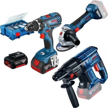 Bosch  GBH 180-LI + GSR 18V-28 + GWS 180-LI - Rotopercutor SDS-Plus 2 J + Masina de gaurit si insurubat 63 Nm valiza plastic accesorii + Polizor unghiular 125 mm + Set 2 acumulatori si incarcator Li-Ion 18 V 3 Ah