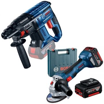 Bosch  GBH 180-LI + GWS 180-LI - Rotopercutor SDS-Plus 2 J + Polizor unghiular cu 2 acumulatori Li-Ion 18 V 4 Ah 125 mm valiza plastic