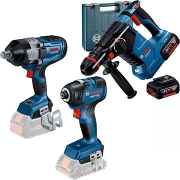 Bosch  GBH 187-LI One Chuck + GDR 18V-200 + GDS 18V-1600 HC - Rotopercutor SDS-Plus cu 2 acumulatori Li-Ion 18 V 5 Ah 2.4 J valiza plastic + Masina de insurubat cu impact 200 Nm M6-M16 + Masina de insurubat cu impact patrat 3/4 inch 2200 Nm + Set 2 acumu