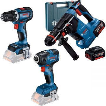 Bosch  GBH 187-LI One Chuck + GDR 18V-200 + GSR 18V-90 C - Rotopercutor SDS-Plus 2.4 J valiza plastic + Masina de insurubat cu impact 200 Nm M6-M16 + Masina de gaurit si insurubat 64 Nm + Set 2 acumulatori si incarcator Li-Ion 18 V 5 Ah