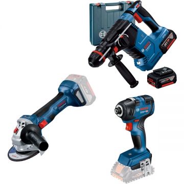 Bosch  GBH 187-LI One Chuck + GDR 18V-200 + GWS 180-LI - Rotopercutor SDS-Plus 2.4 J valiza plastic + Masina de insurubat cu impact 200 Nm M6-M16 + Polizor unghiular 125 mm + Set 2 acumulatori si incarcator Li-Ion 18 V 5 Ah