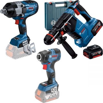 Bosch  GBH 187-LI One Chuck + GDS 18V-1600 HC + GDR 18V-200 C - Rotopercutor SDS-Plus 2.4 J valiza plastic + Masina de insurubat cu impact patrat 3/4 inch 2200 Nm + Masina de insurubat cu impact 200 Nm M4-M12 + Set 2 acumulatori si incarcator Li-Ion 18 V