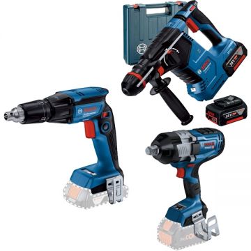Bosch  GBH 187-LI One Chuck + GDS 18V-1600 HC + GTB 185-LI - Rotopercutor SDS-Plus 2.4 J valiza plastic + Masina de insurubat cu impact patrat 3/4 inch 2200 Nm + Masina de insurubat 25 Nm + Set 2 acumulatori si incarcator Li-Ion 18 V 5 Ah
