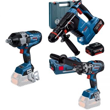 Bosch  GBH 187-LI One Chuck + GSR 18V-150 C + GDS 18V-1600 HC - Rotopercutor SDS-Plus 2.4 J valiza plastic + Masina de gaurit si insurubat 150 Nm valiza speciala + Masina de insurubat cu impact patrat 3/4 inch 2200 Nm + Set 2 acumulatori si incarcator Li