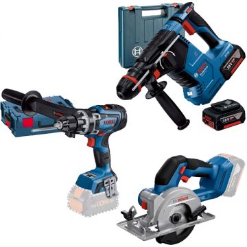 Bosch  GBH 187-LI One Chuck  + GSR 18V-150 C + GKS 18V-51 - Rotopercutor SDS-Plus 2.4 J valiza plastic + Masina de gaurit si insurubat 150 Nm valiza speciala + Fierastrau circular 140x20 mm + Set 2 acumulatori si incarcator Li-Ion 18 V 5 Ah