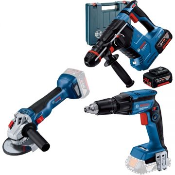 Bosch  GBH 187-LI One Chuck + GTB 185-LI + GWS 18V-10 - Rotopercutor SDS-Plus 2.4 J valiza plastic + Masina de insurubat 25 Nm + Polizor unghiular 125 mm + Set 2 acumulatori si incarcator Li-Ion 18 V 5 Ah