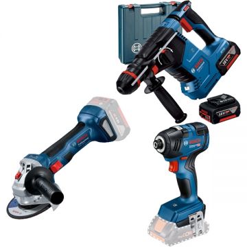 Bosch  GBH 187-LI One Chuck + GWS 180-LI + GDR 18V-200 - Rotopercutor SDS-Plus 2.4 J valiza plastic + Polizor unghiular 125 mm + Masina de insurubat cu impact 200 Nm M6-M16 + Set 2 acumulatori si incarcator Li-Ion 18 V 5 Ah