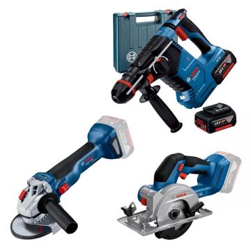 Bosch  GBH 187-LI One Chuck + GWS 18V-10 + GKS 18V-51 - Rotopercutor SDS-Plus 2.4 J valiza plastic + Polizor unghiular 125 mm + Fierastrau circular 140x20 mm + Set 2 acumulatori si incarcator Li-Ion 18 V 5 Ah