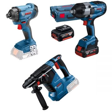 Bosch  GBH 18V-24 C + GDR 180-LI + GDS 18V-1000 - Rotopercutor SDS-Plus 2.4 J + Masina de insurubat cu impact 160 Nm M6-M14 + Masina de insurubat cu impact patrat 1/2 inch 1000 Nm M14-M24 valiza speciala + Set 2 acumulatori si incarcator Li-Ion 18 V 5 Ah