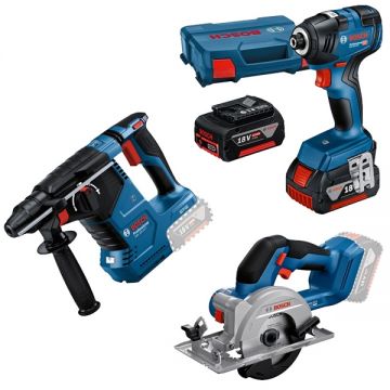 Bosch  GBH 18V-24 C + GDR 18V-200 + GKS 18V-51 - Rotopercutor SDS-Plus 2.4 J + Masina de insurubat cu impact 200 Nm M6-M16 valiza speciala + Fierastrau circular 140x20 mm + Set 2 acumulatori si incarcator Li-Ion 18 V 4 Ah