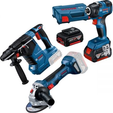 Bosch  GBH 18V-24 C + GDR 18V-200 + GWS 180-LI - Rotopercutor SDS-Plus 2.4 J + Masina de insurubat cu impact 200 Nm M6-M16 valiza speciala + Polizor unghiular 125 mm + Set 2 acumulatori si incarcator Li-Ion 18 V 4 Ah