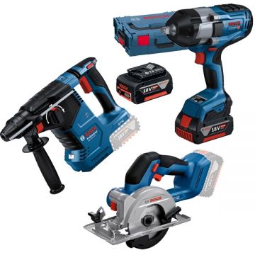 Bosch  GBH 18V-24 C + GDS 18V-1000 + GKS 18V-51 - Rotopercutor SDS-Plus 2.4 J + Masina de insurubat cu impact patrat 1/2 inch 1000 Nm M14-M24 valiza speciala +  Fierastrau circular 140x20 mm + Set 2 acumulatori si incarcator Li-Ion 18 V 5 Ah