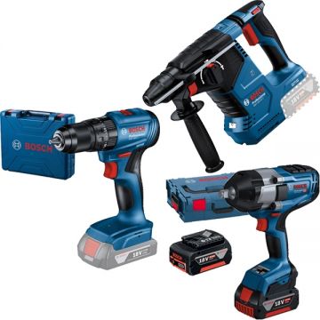 Bosch  GBH 18V-24 C + GDS 18V-1000 + GSB 185-LI - Rotopercutor SDS-Plus 2.4 J + Masina de insurubat cu impact patrat 1/2 inch 1000 Nm M14-M24 valiza speciala + Masina de gaurit si insurubat cu percutie 50 Nm valiza plastic + Set 2 acumulatori si incarcat