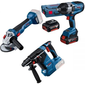 Bosch  GBH 18V-24 C + GDS 18V-1000 + GWS 18V-10 - Rotopercutor SDS-Plus 2.4 J + Masina de insurubat cu impact patrat 1/2 inch 1000 Nm M14-M24 valiza speciala + Polizor unghiular 125 mm + Set 2 acumulatori si incarcator Li-Ion 18 V 5 Ah