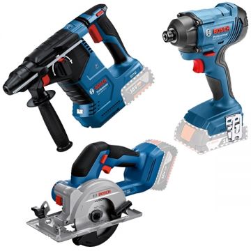 Bosch  GBH 18V-24 C + GKS 18V-51 + GDR 180-LI - Rotopercutor SDS-Plus 2.4 J + Fierastrau circular 140x20 mm + Masina de insurubat cu impact 160 Nm M6-M14