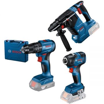 Bosch  GBH 18V-24 C + GSB 185-LI + GDR 18V-200 - Rotopercutor SDS-Plus 2.4 J + Masina de gaurit si insurubat cu percutie 50 Nm valiza plastic + Masina de insurubat cu impact 200 Nm M6-M16