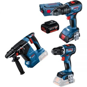 Bosch  GBH 18V-24 C + GSR 18V-90 C + GSB 18V-50 - Rotopercutor SDS-Plus 2.4 J + Masina de gaurit si insurubat 64 Nm + Masina de gaurit si insurubat cu percutie 50 Nm valiza speciala + Set 2 acumulatori si incarcator Li-Ion 18 V 5 Ah