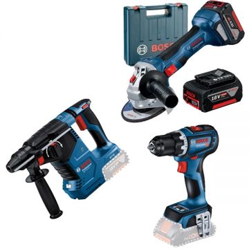 Bosch  GBH 18V-24 C + GSR 18V-90 C + GWS 180-LI - Rotopercutor SDS-Plus 2.4 J + Masina de gaurit si insurubat 64 Nm + Polizor unghiular 125 mm valiza plastic + Set 2 acumulatori si incarcator Li-Ion 18 V 4 Ah