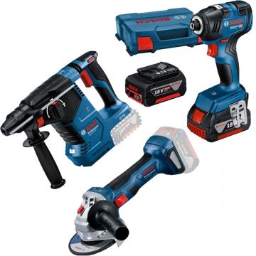 Bosch  GBH 18V-24 C + GWS 180-LI + GDR 18V-200 - Rotopercutor SDS-Plus 2.4 J + Polizor unghiular 125 mm + Masina de insurubat cu impact 200 Nm M6-M16 valiza speciala + Set 2 acumulatori si incarcator Li-Ion 18 V 4 Ah