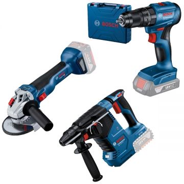 Bosch  GBH 18V-24 C + GWS 18V-10 + GSB 185-LI - Rotopercutor SDS-Plus 2.4 J + Polizor unghiular 125 mm + Masina de gaurit si insurubat cu percutie 50 Nm valiza plastic