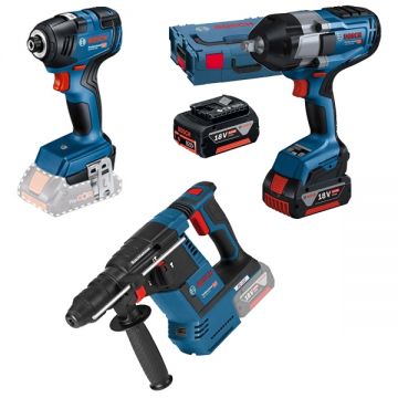 Bosch  GBH 18V-26 + GDR 18V-200 + GDS 18V-1000 - Rotopercutor SDS-Plus 2.6 J + Masina de insurubat cu impact 200 Nm M6-M16 + Masina de insurubat cu impact patrat 1/2 inch 1000 Nm M14-M24 valiza speciala + Set 2 acumulatori si incarcator Li-Ion 18 V 5 Ah