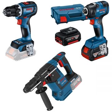 Bosch  GBH 18V-26 + GDR 18V-200 + GSR 18V-90 C - Rotopercutor SDS-Plus 2.6 J + Masina de insurubat cu impact 200 Nm M6-M16 valiza speciala + Masina de gaurit si insurubat 64 Nm + Set 2 acumulatori si incarcator Li-Ion 18 V 4 Ah