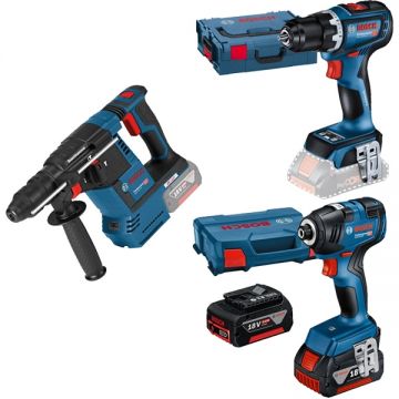 Bosch  GBH 18V-26 + GDR 18V-200 + GSR 18V-90 C - Rotopercutor SDS-Plus 2.6 J + Masina de insurubat cu impact 200 Nm M6-M16 valiza speciala + Masina de gaurit si insurubat 64 Nm valiza speciala + Set 2 acumulatori si incarcator Li-Ion 18 V 4 Ah