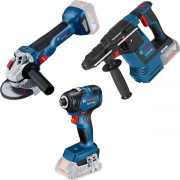 Bosch  GBH 18V-26 + GDR 18V-200 + GWS 18V-10 - Rotopercutor SDS-Plus 2.6 J + Masina de insurubat cu impact 200 Nm M6-M16 + Polizor unghiular 125 mm