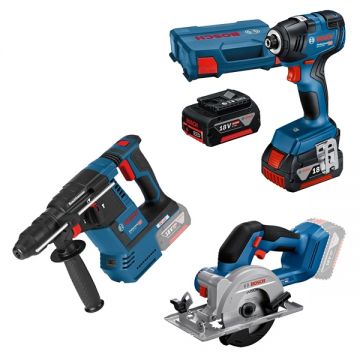 Bosch  GBH 18V-26 + GKS 18V-51 + GDR 18V-200 - Rotopercutor SDS-Plus 2.6 J + Fierastrau circular 140x20 mm + Masina de insurubat cu impact 200 Nm M6-M16 valiza speciala + Set 2 acumulatori si incarcator Li-Ion 18 V 4 Ah