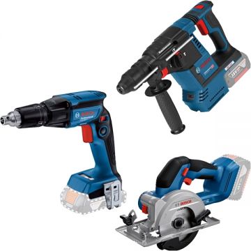 Bosch  GBH 18V-26 + GKS 18V-51 + GTB 185-LI - Rotopercutor SDS-Plus 2.6 J + Fierastrau circular 140x20 mm + Masina de insurubat 25 Nm