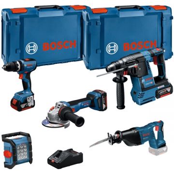 Bosch  GBH 18V-26 + GSA 18 V-LI + GLI 18V-1200 C + GSB 18V-65 + GWS 18V-11- Rotopercutor SDS-Plus 2.6 J + Fierastrau sabie + Lampa + Masina de gaurit si insurubat cu percutie 65 Nm + Polizor unghiular 125 mm + Set 3 acumulatori si incarcator Li-Ion 18 V